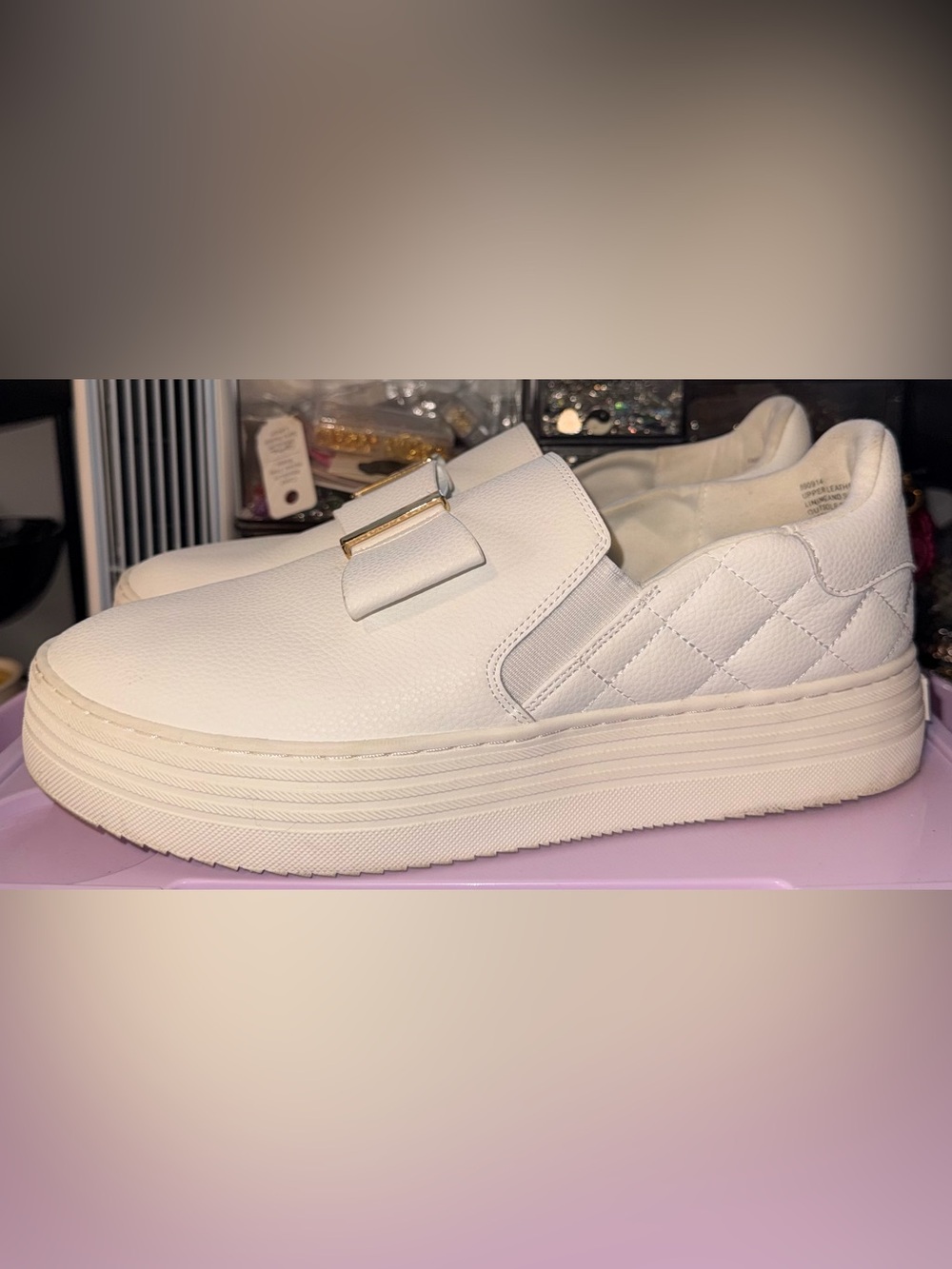 Joy Wide Width White Quilted Platform Slip-On Sneakers with Decorative Buckle